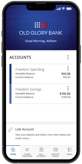 iPhone image with Old Glory Bank accounts displaying within Online Banking.