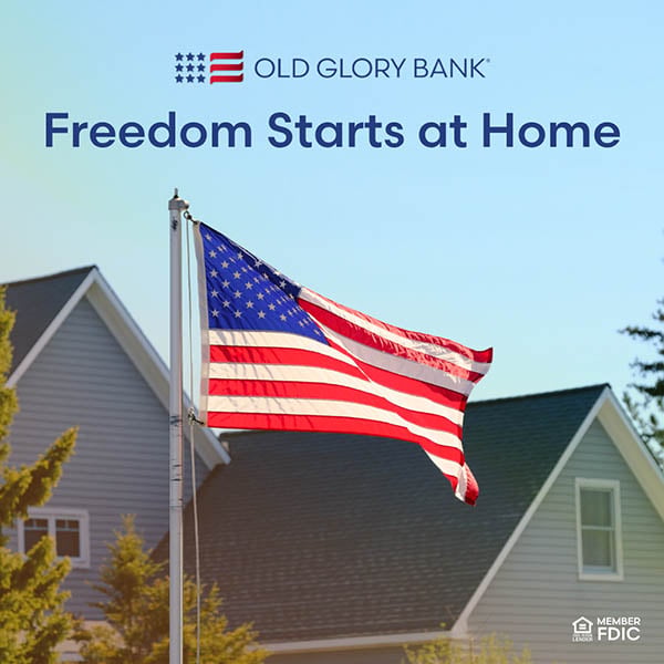 Image of US flag in front of a home. "Freedom starts at home."